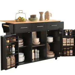 Buffet 139x46x91.5 cm, plan rabattable, roulettes, pieds bois - noir + bois massif