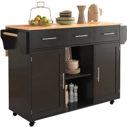 Buffet 139x46x91.5 cm, plan rabattable, roulettes, pieds bois - noir + bois massif