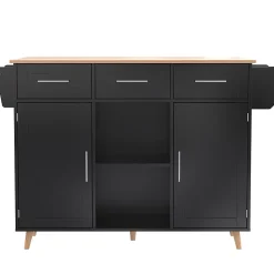 Buffet 139x46x91.5 cm, plan rabattable, roulettes, pieds bois - noir + bois massif