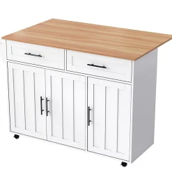 Buffet 129x46x91.5 cm, plateau rabattable, 2 tiroirs, 5 roulettes - blanc