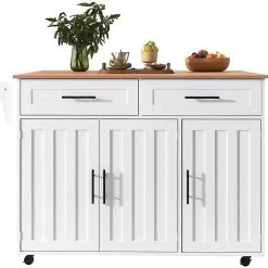 Buffet 129x46x91.5 cm, plateau rabattable, 2 tiroirs, 5 roulettes - blanc