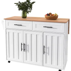 Buffet 129x46x91.5 cm, plateau rabattable, 2 tiroirs, 5 roulettes - blanc