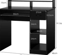 Bureau Informatique avec 1 Tiroir et 2 Etageres Table Ordinateur avec Planche a Clavier Coulissante Chambre Noir