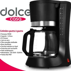 Cafetière 1,2L - 8-12 Tasses 900W - Dolce Casa DC-CAF-8-12-N - Filtre amovible - Fonction maintien au chaud - Noir Mat