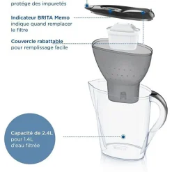 Carafe filtrante BRITA - Marella Graphite - Capacité 2,4L dont 1,4L d'eau filtrée - 1 Cartouche Maxtra Pro All-In-1 incluse
