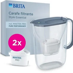 Carafe filtrante BRITA - Style Essential Bleu minéral - Capacité 2,4L dont 1,4L d'eau filtrée - 2 filtres Maxtra Pro Pure