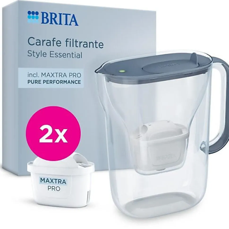 Carafe filtrante BRITA - Style Essential Bleu minéral - Capacité 2,4L dont 1,4L d'eau filtrée - 2 filtres Maxtra Pro Pure