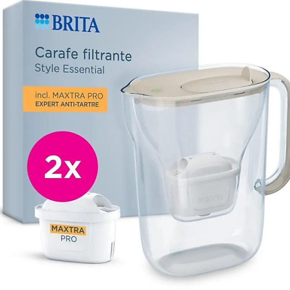 Carafe filtrante BRITA - Style Essential Sable - Capacité 2,4L dont 1,4L d'eau filtrée - 2 filtres Maxtra Pro Expert anti-tart