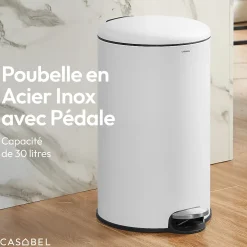 CASABEL Poubelle Cuisine 30L - 100% Acier Inoxydable, Anti-Traces de Doigts, Corbeille Ronde avec Pédale et Couvercle, Blanc