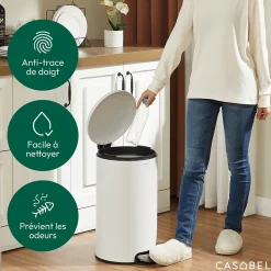 CASABEL Poubelle Cuisine 30L - 100% Acier Inoxydable, Anti-Traces de Doigts, Corbeille Ronde avec Pédale et Couvercle, Blanc