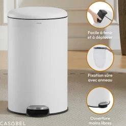 CASABEL Poubelle Cuisine 30L - 100% Acier Inoxydable, Anti-Traces de Doigts, Corbeille Ronde avec Pédale et Couvercle, Blanc