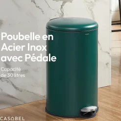 CASABEL Poubelle Cuisine 30L - 100% Acier Inoxydable, Anti-Traces de Doigts, Corbeille Ronde avec Pédale et Couvercle, Vert