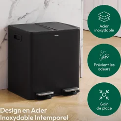 CASABEL Poubelle Cuisine Double 2x15L en Acier Inoxydable, Anti-Traces, avec Pédales et Couvercles Hermétiques pour Tri Sélectif