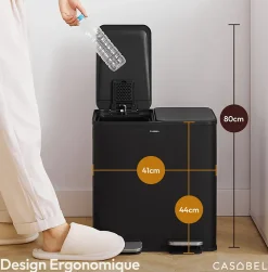 CASABEL Poubelle Cuisine Double 2x15L en Acier Inoxydable, Anti-Traces, avec Pédales et Couvercles Hermétiques pour Tri Sélectif
