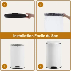 CASABEL Poubelle Cuisine 50L - 100% Acier Inoxydable, Anti-Traces de Doigts, Corbeille Ronde avec Pédale et Couvercle, Blanc