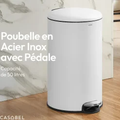 CASABEL Poubelle Cuisine 50L - 100% Acier Inoxydable, Anti-Traces de Doigts, Corbeille Ronde avec Pédale et Couvercle, Blanc