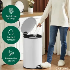 CASABEL Poubelle Cuisine 50L - 100% Acier Inoxydable, Anti-Traces de Doigts, Corbeille Ronde avec Pédale et Couvercle, Blanc