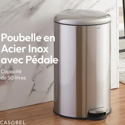 CASABEL Poubelle Cuisine 50L en Acier Inoxydable, Anti-Traces, Poubelle Ronde avec Pédale et Couvercle, Chrome