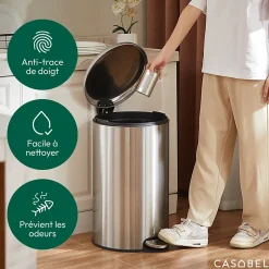 CASABEL Poubelle Cuisine 50L en Acier Inoxydable, Anti-Traces, Poubelle Ronde avec Pédale et Couvercle, Chrome
