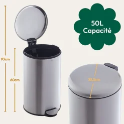 CASABEL Poubelle Cuisine 50L en Acier Inoxydable, Anti-Traces, Poubelle Ronde avec Pédale et Couvercle, Chrome