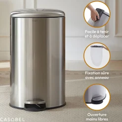 CASABEL Poubelle Cuisine 50L en Acier Inoxydable, Anti-Traces, Poubelle Ronde avec Pédale et Couvercle, Chrome