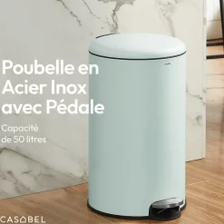 CASABEL Poubelle Cuisine 50L - 100% Acier Inoxydable, Anti-Traces de Doigts, Corbeille Ronde avec Pedale et Couvercle, Vert Menthe