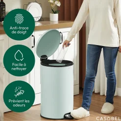 CASABEL Poubelle Cuisine 50L - 100% Acier Inoxydable, Anti-Traces de Doigts, Corbeille Ronde avec Pedale et Couvercle, Vert Menthe