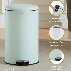 CASABEL Poubelle Cuisine 50L - 100% Acier Inoxydable, Anti-Traces de Doigts, Corbeille Ronde avec Pedale et Couvercle, Vert Menthe