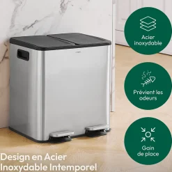 CASABEL Poubelle Cuisine Double 2x15L en Acier Inoxydable, Anti-Traces, avec Pédales et Couvercles Hermétiques pour Tri Sélectif