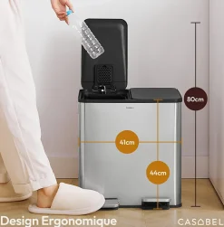 CASABEL Poubelle Cuisine Double 2x15L en Acier Inoxydable, Anti-Traces, avec Pédales et Couvercles Hermétiques pour Tri Sélectif