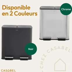 CASABEL Poubelle Cuisine Double 2x15L en Acier Inoxydable, Anti-Traces, avec Pédales et Couvercles Hermétiques pour Tri Sélectif