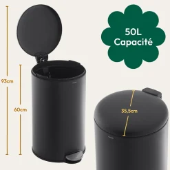 CASABEL Poubelle Cuisine 50L en Acier Inoxydable, Anti-Traces, Poubelle Ronde avec Pédale et Couvercle, Noir