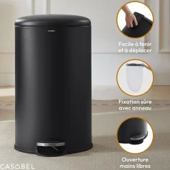 CASABEL Poubelle Cuisine 50L en Acier Inoxydable, Anti-Traces, Poubelle Ronde avec Pédale et Couvercle, Noir