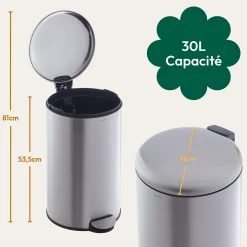 CASABEL Poubelle Cuisine 30L en Acier Inoxydable, Anti-Traces, Poubelle Ronde avec Pédale et Couvercle, Chrome