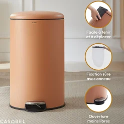 CASABEL Poubelle Cuisine 30L en Acier Inoxydable, Anti-Traces, Poubelle Ronde avec Pédale et Couvercle, Terracotta