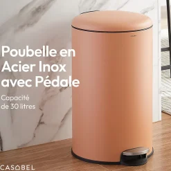 CASABEL Poubelle Cuisine 30L en Acier Inoxydable, Anti-Traces, Poubelle Ronde avec Pédale et Couvercle, Terracotta