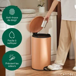 CASABEL Poubelle Cuisine 30L en Acier Inoxydable, Anti-Traces, Poubelle Ronde avec Pédale et Couvercle, Terracotta