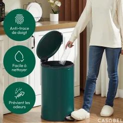 CASABEL Poubelle Cuisine 50L - 100% Acier Inoxydable, Anti-Traces de Doigts, Corbeille Ronde avec Pédale et Couvercle, Vert