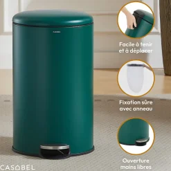 CASABEL Poubelle Cuisine 50L - 100% Acier Inoxydable, Anti-Traces de Doigts, Corbeille Ronde avec Pédale et Couvercle, Vert