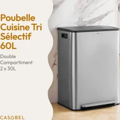CASABEL Poubelle Tri Selectif 60L 2x30L Acier Inox Chrome Double Compartiments Pedale Bacs Amovibles Couvercles Silencieux