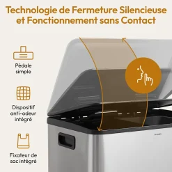 CASABEL Poubelle Tri Selectif 60L 2x30L Acier Inox Chrome Double Compartiments Pedale Bacs Amovibles Couvercles Silencieux