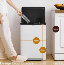 CASABEL Poubelle Tri Selectif 60L 2x30L Acier Inox Blanc Creme Double Compartiments Pedale Bacs Amovibles Couvercles Silencieux