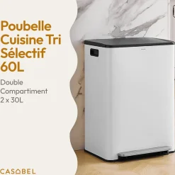 CASABEL Poubelle Tri Selectif 60L 2x30L Acier Inox Blanc Creme Double Compartiments Pedale Bacs Amovibles Couvercles Silencieux