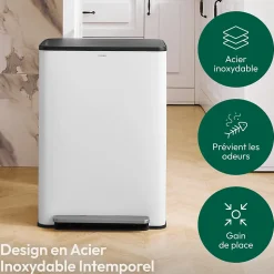 CASABEL Poubelle Tri Selectif 60L 2x30L Acier Inox Blanc Creme Double Compartiments Pedale Bacs Amovibles Couvercles Silencieux