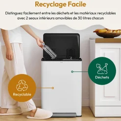 CASABEL Poubelle Tri Selectif 60L 2x30L Acier Inox Blanc Creme Double Compartiments Pedale Bacs Amovibles Couvercles Silencieux