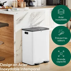 CASABEL Poubelle Tri Selectif 60L, 2x30L Acier INOX BLANC, Double Compartiments, Pedale, Bacs Amovibles, Couvercles Silencieux