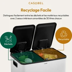 CASABEL Poubelle Tri Selectif 60L, 2x30L Acier INOX BLANC, Double Compartiments, Pedale, Bacs Amovibles, Couvercles Silencieux