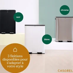 CASABEL Poubelle Tri Selectif 60L, 2x30L Acier INOX BLANC, Double Compartiments, Pedale, Bacs Amovibles, Couvercles Silencieux