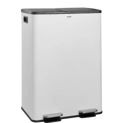 CASABEL Poubelle Tri Selectif 60L, 2x30L Acier INOX BLANC, Double Compartiments, Pedale, Bacs Amovibles, Couvercles Silencieux
