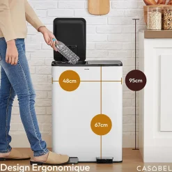 CASABEL Poubelle Tri Selectif 60L, 2x30L Acier INOX BLANC, Double Compartiments, Pedale, Bacs Amovibles, Couvercles Silencieux
